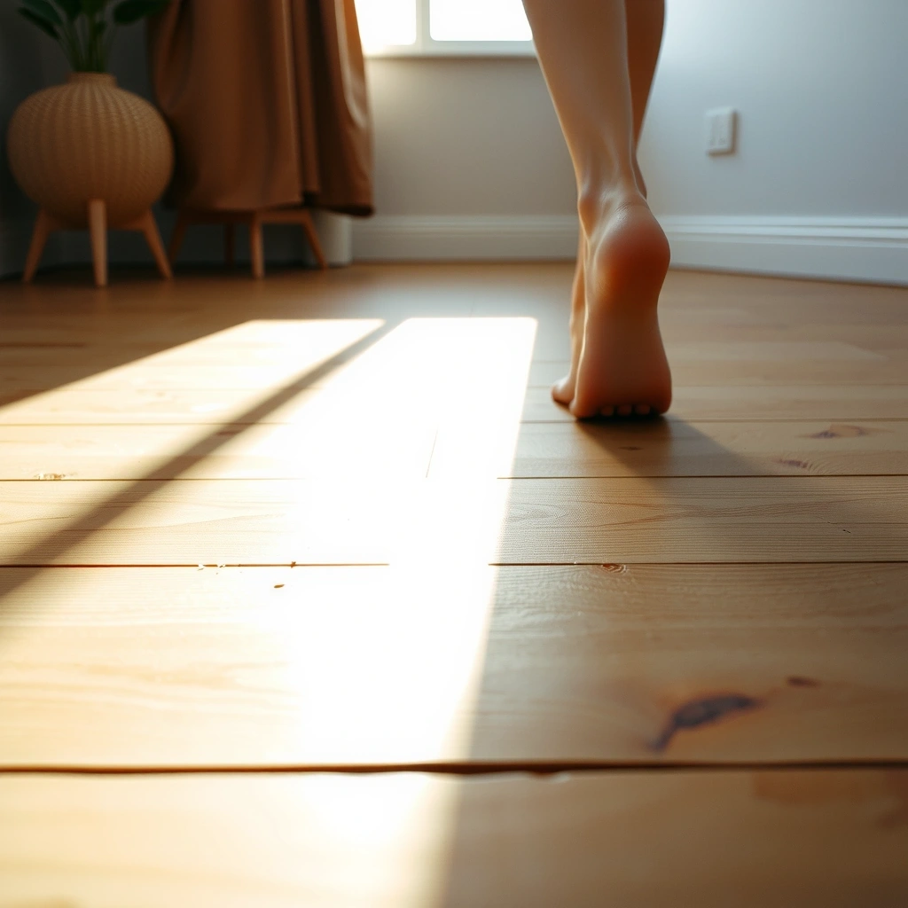 Stopa w trakcie delikatnego kroku na deskach